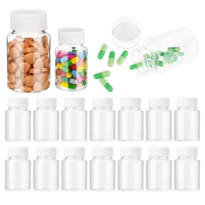 30pcs 15ml-100ml Clear Plastic Pill Bottles with Seal Caps Empty Reagent Bottle Reusable Chemical Capsules and Storage Container