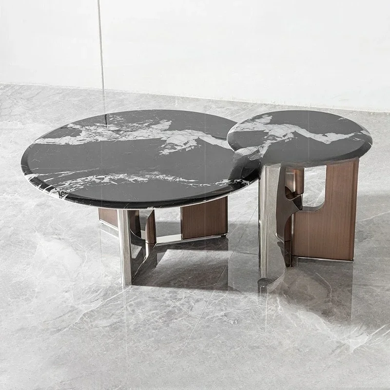 Italian light luxury marble round coffee table combination living room household stainless steel creative size high