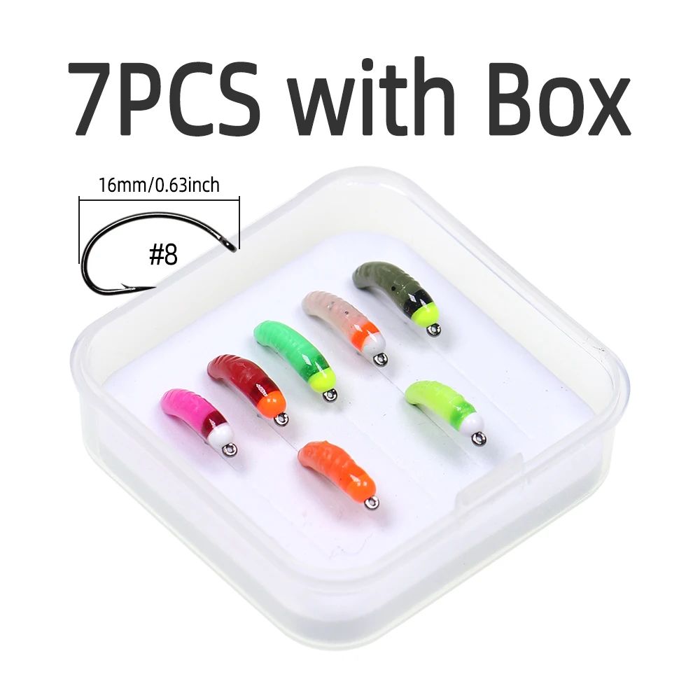 ICERIO 7pcs Tungsten Bead Head UV Glue Body and Silicone Skin Nymph Flies Luminous Scud Worm Fishing Lure Baits