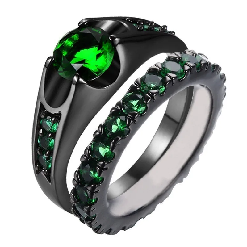 Elegant ladies' green and red gemstone 2-piece ring set, fashionable and niche black love jewelry accessories
