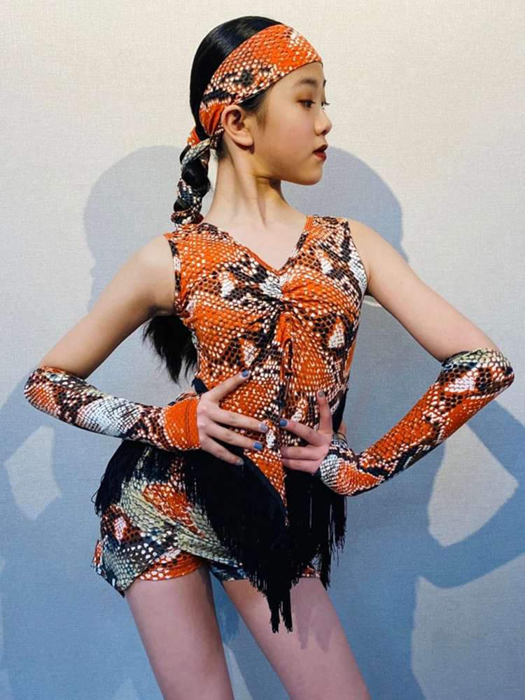 Traje de baile latino con diseño de serpiente naranja para niña, ropa de práctica de baile Tango Samba, ropa para actuación en escenario Cha para niños VBH1300