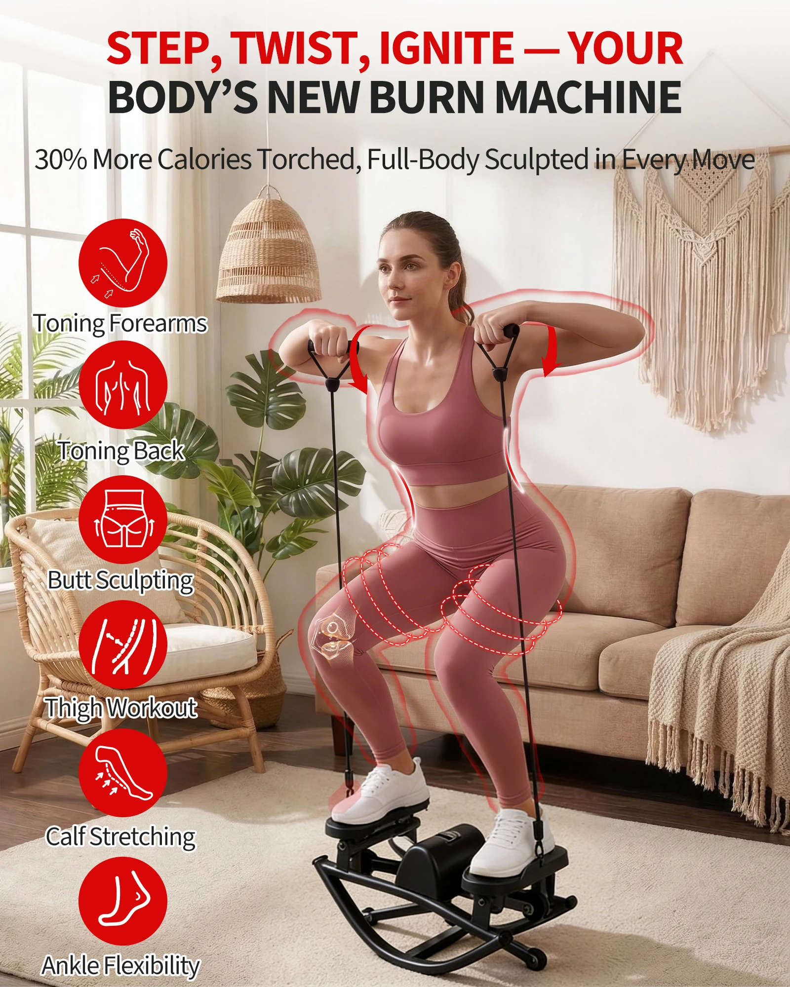 Mini Stair Stepper For Home Workout 350LBS Heavy Duty 3D Rock Stepper With Resistance Bands LCD Monitor Non-Slip Mat Full Body