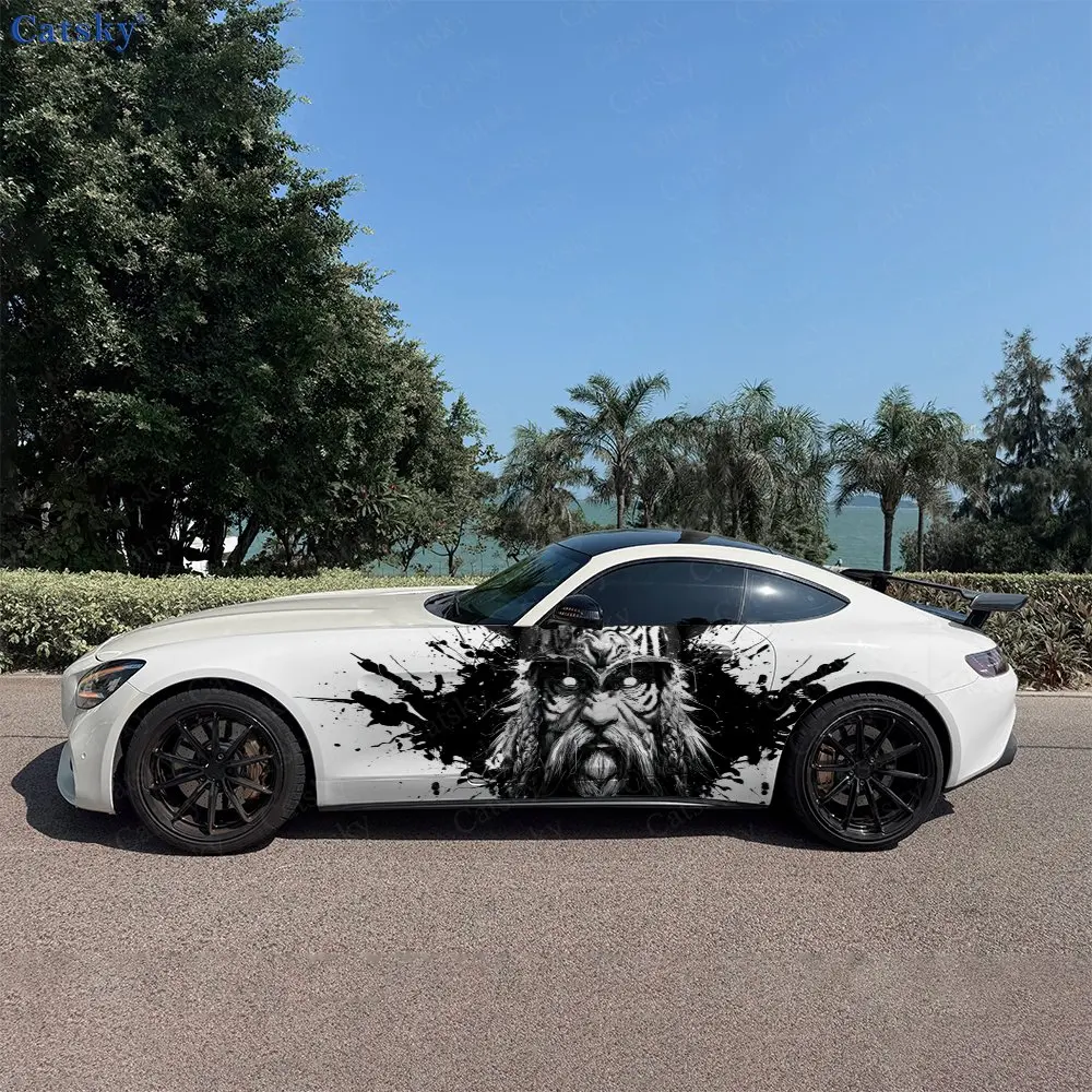 

2pcs Viking Tiger Helmet And Ink Wash, Durable, Fade-resistant, Enhance Vehicle Aesthetics With Artistic Design Car Vinyl Wraps