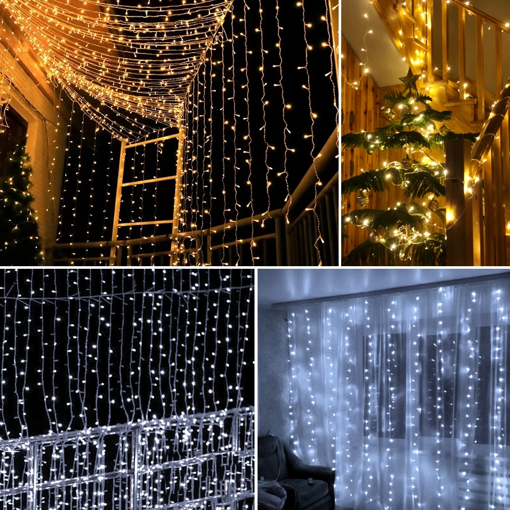 220V EU Plug Curtain Lights Warm White LED String Light Bedroom Window Christmas Decoration Fairy Lights Garland