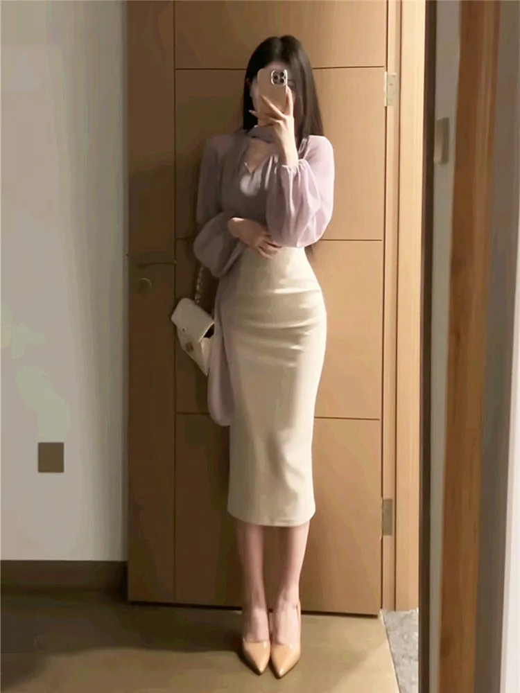 E Falda Larga de Cintura Alta con Elástico, Falda de Media Pierna para el Trabajo, Estilo Casual, con Abertura Trasera...