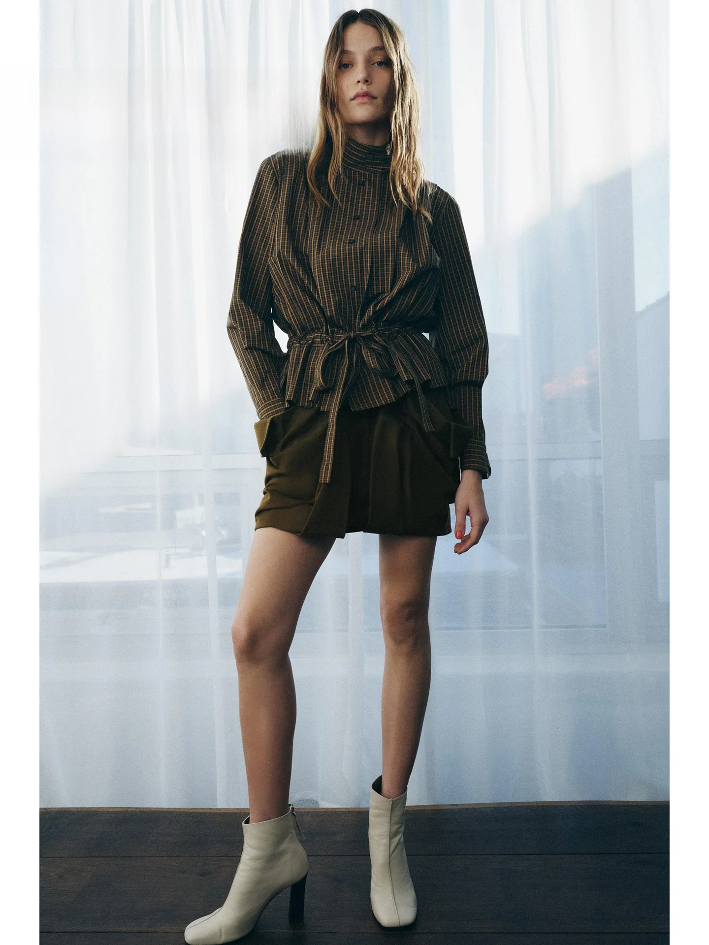 

Summer 2026 Women's Plaid irt Knot Design Slimming Versatile Commute Sle Long Sve Regular Fit Striped Pattern