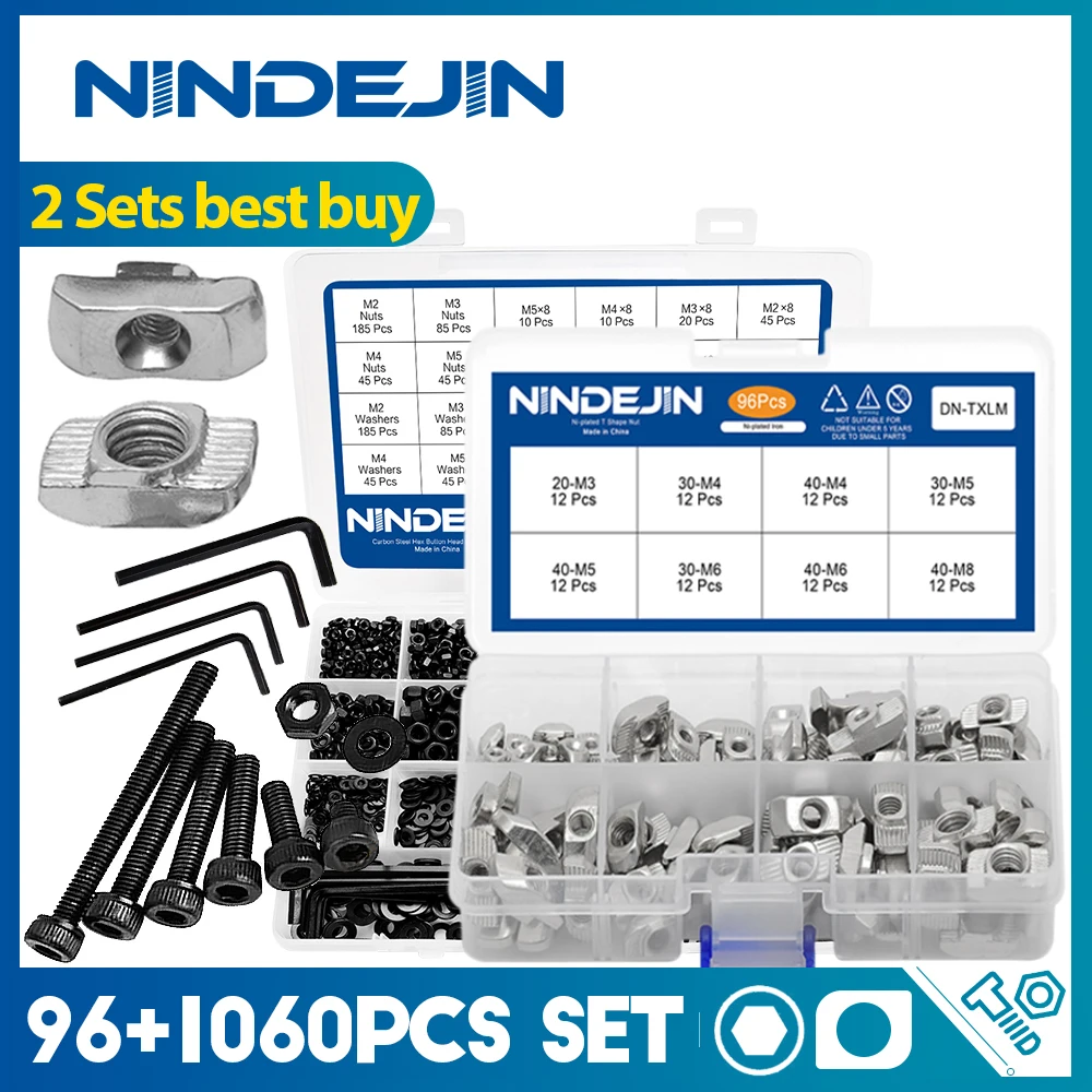 NINDEJIN 1060pcs Hex Socket Cap Head Screws Set M2 M3 M4 M5 Carbon Steel 96pcs T-nut Set M3 M4 M5 M6 M8 Nickel Plating