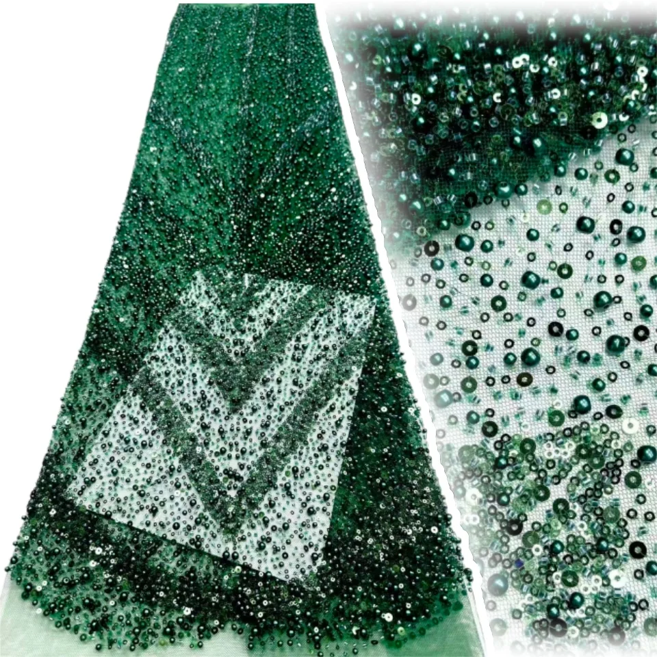 

Зеленая африканская тюль-кружевная ткань, французская сетка с блестками, ткань для шитья, вышивка бисером, кружевная тюль, сетка, нигерийское платье, 5 ярдов 962