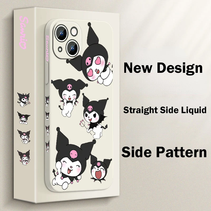 Kuromi Sanrio Little Devil Phone Case For Apple iPhone 15 14 13 12 11 Pro Max Plus 8 7 SE Liquid Left Rope Capa Cover