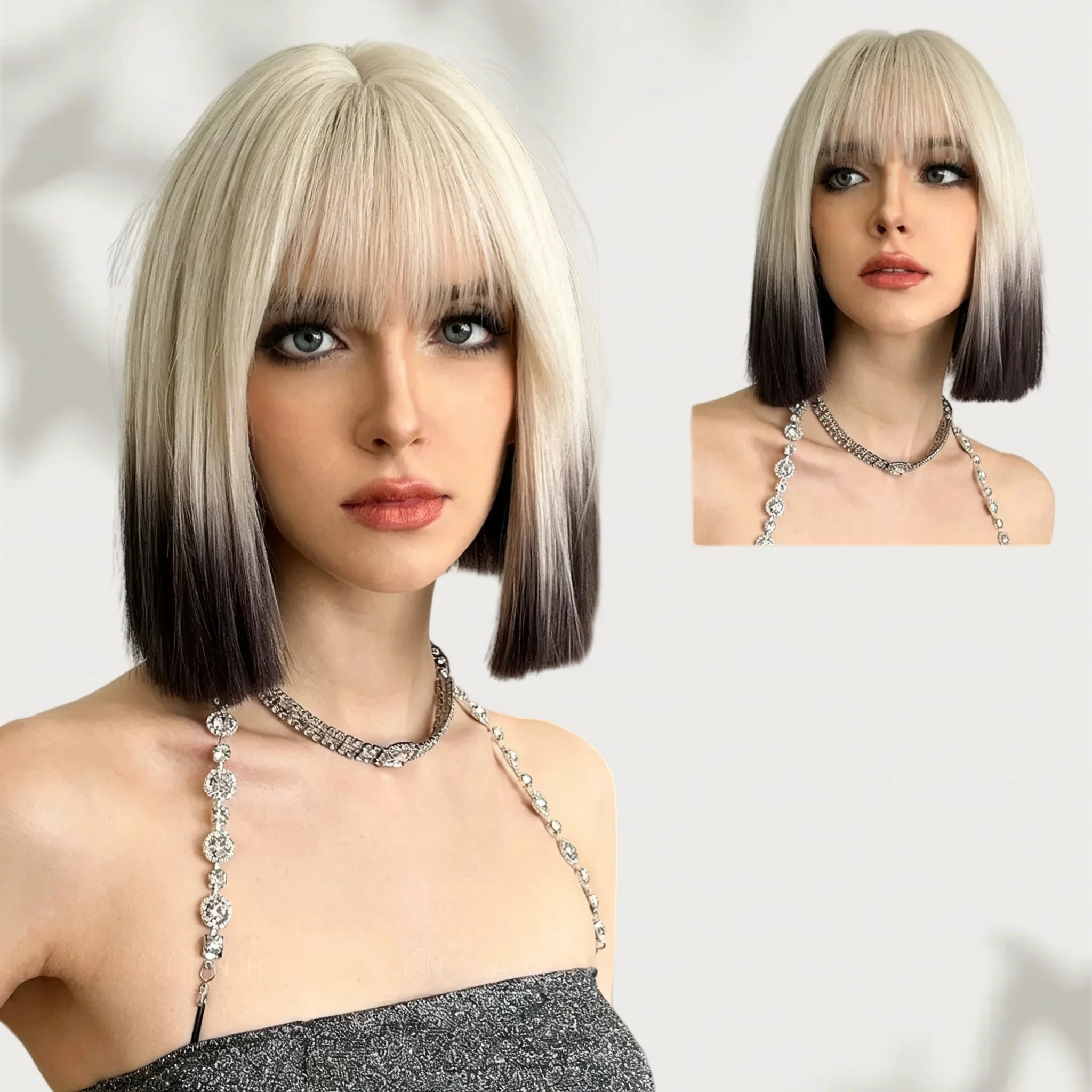 Women's ombre beige to black bob wig with bangs, synthetic straight short hair, heat resistant, suitable for cosplay and parties