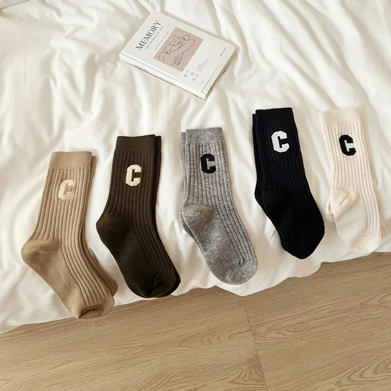 Five Pairs of Socks Women's Autumn and Winter Solid Color Letter C Cotton Socks Korean Couple Casual Medium Stockings