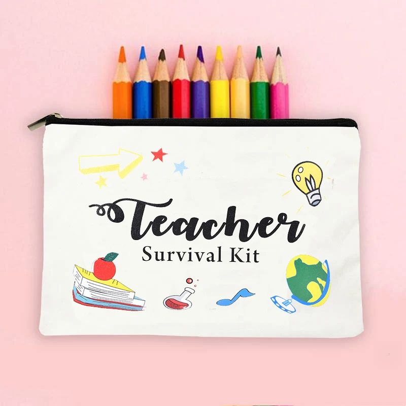 Teacher Survival Kit Pattern Makeup Bag Best Teacher Ever Floral Women Cosmetic Case Gift for Teacher Back To School Pencil Case