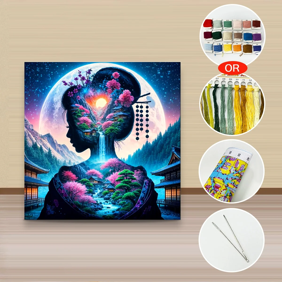 1 Stück 40x40 cm/15,74 Zoll, 11Ct/14Ct Kreuzstich-Set, DIY Valentinstagsgeschenk, Stickerei-Set für Festivals, Geisha-Landschaft, Doppel-Exp – Detail 3
