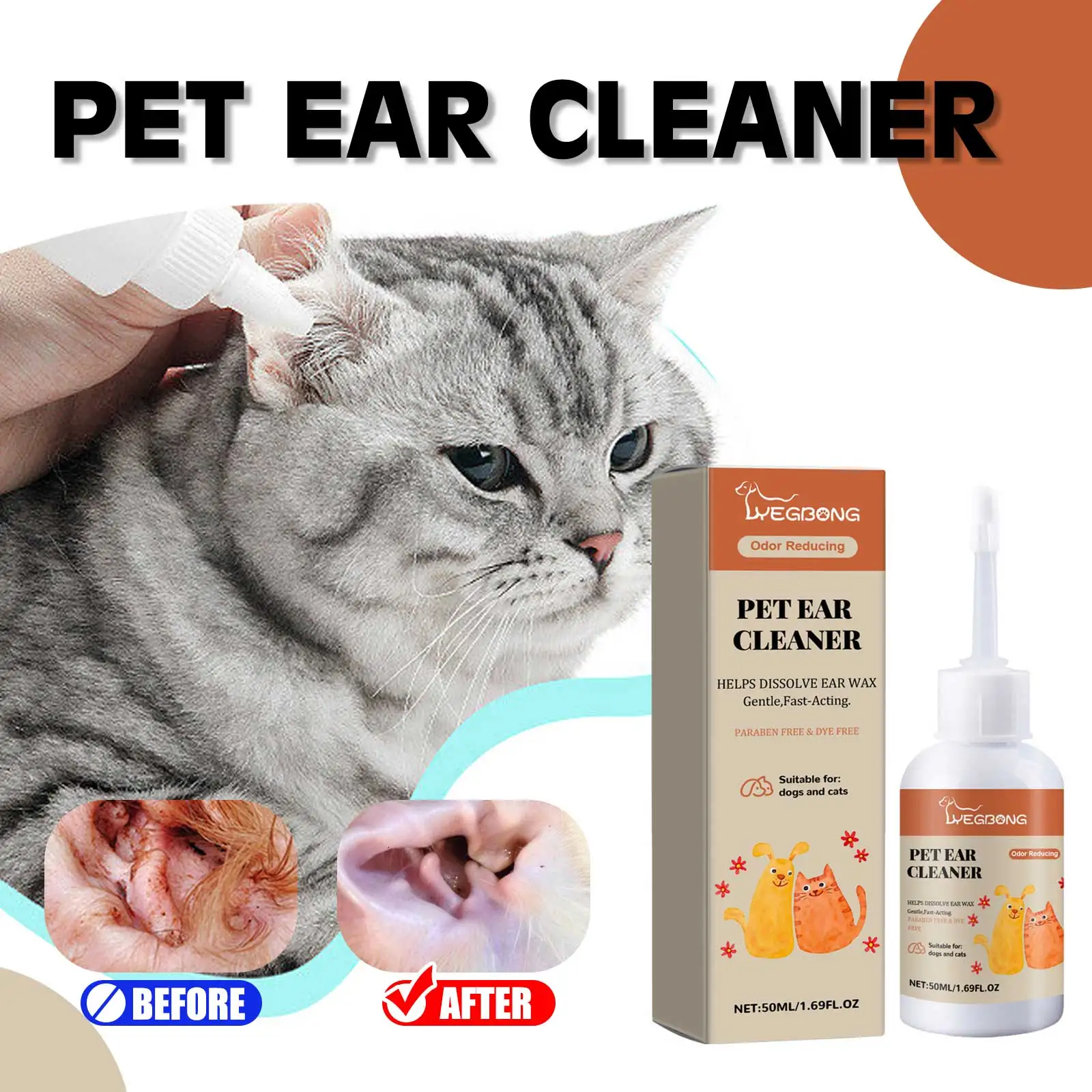 YEGBONG Haustier-Ohrreinigungstropfen, entfernt Ohrenschmalz, Ohrenreiniger für Hunde und Katzen, verhindert Ohreninfektionen, lindert Entzündungen, Haustier-Ohrspülung