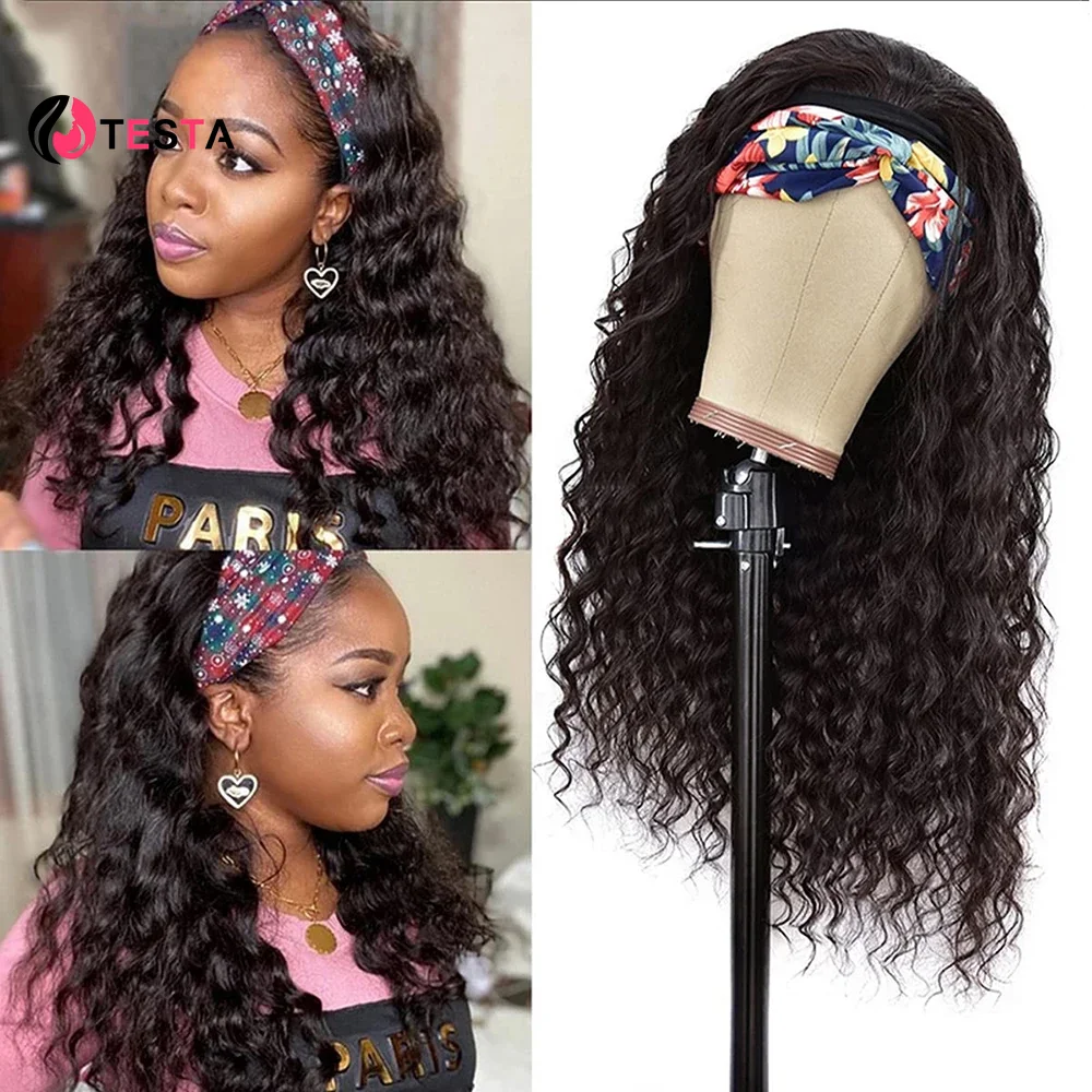 Deep Wave Headband Scarf Wig Human Hair None Lace Full Machine Made For Women Brazilian Remy Curly Wig 12-26 Inch