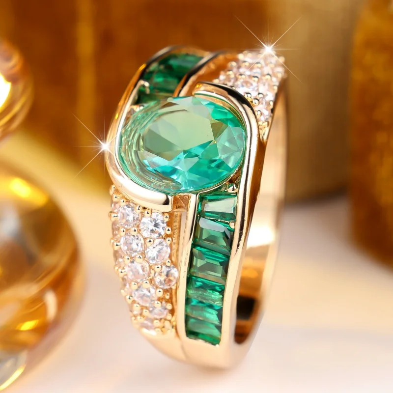 2026 New European and American Emerald Zircon Ring, Retro Light Luxury Group, Inlaid Ladder Women's Accessory
