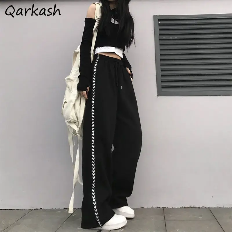 S-4XL Black Sporty Pants Women Autumn Leisure Loose College Ins Classic Harajuku Lace-up Trousers Mopping Side-stripe All-match