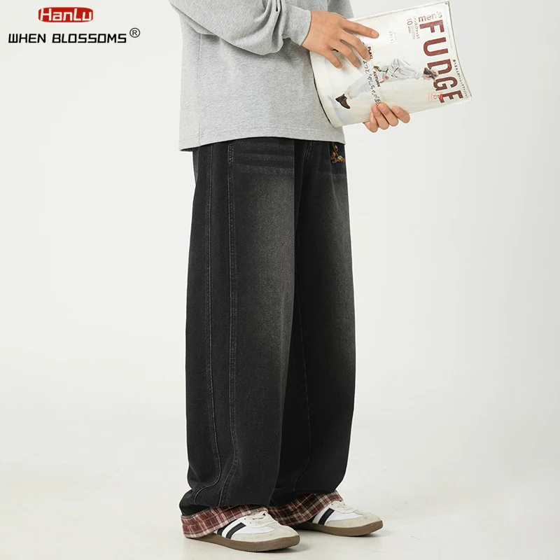 HANGLU 2025 신사복 아메리칸 캐주얼 격자 무늬 패치 워크 워시 청바지 스플릿 디자인 신축성있는 허리 루즈 스트레이트 레그 데님 바지