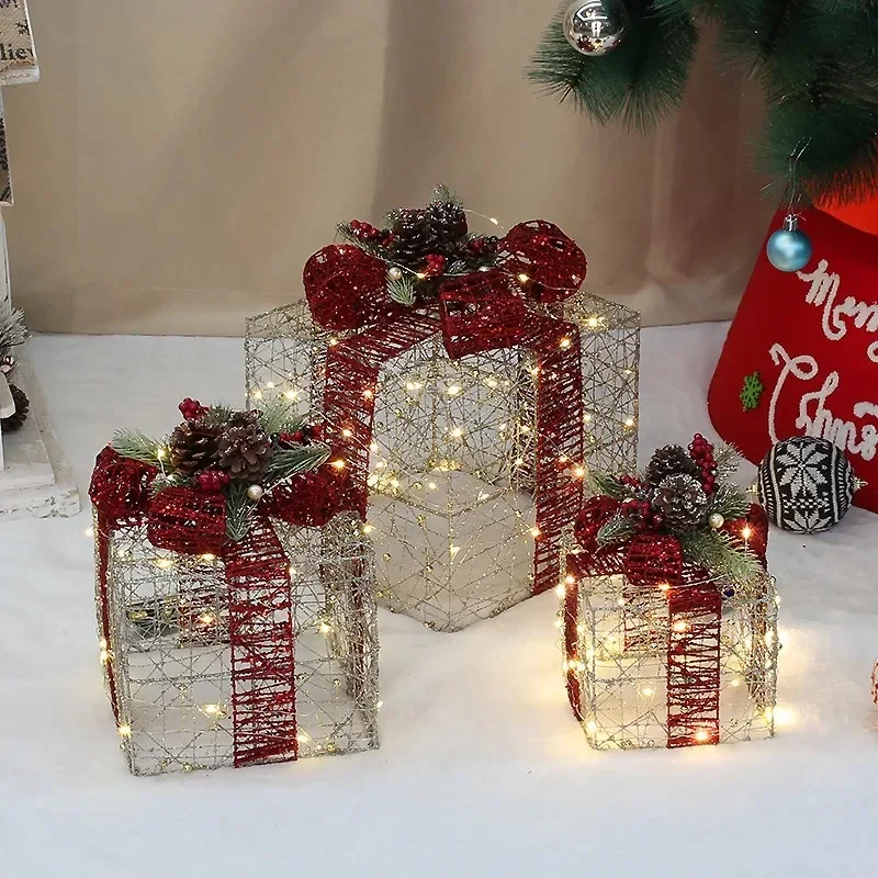 3pcs Christmas Decoration Iron Frame Christmas Gift Box Pile Head Holiday Shopping Window Decoration 2023 New (Without Battery)