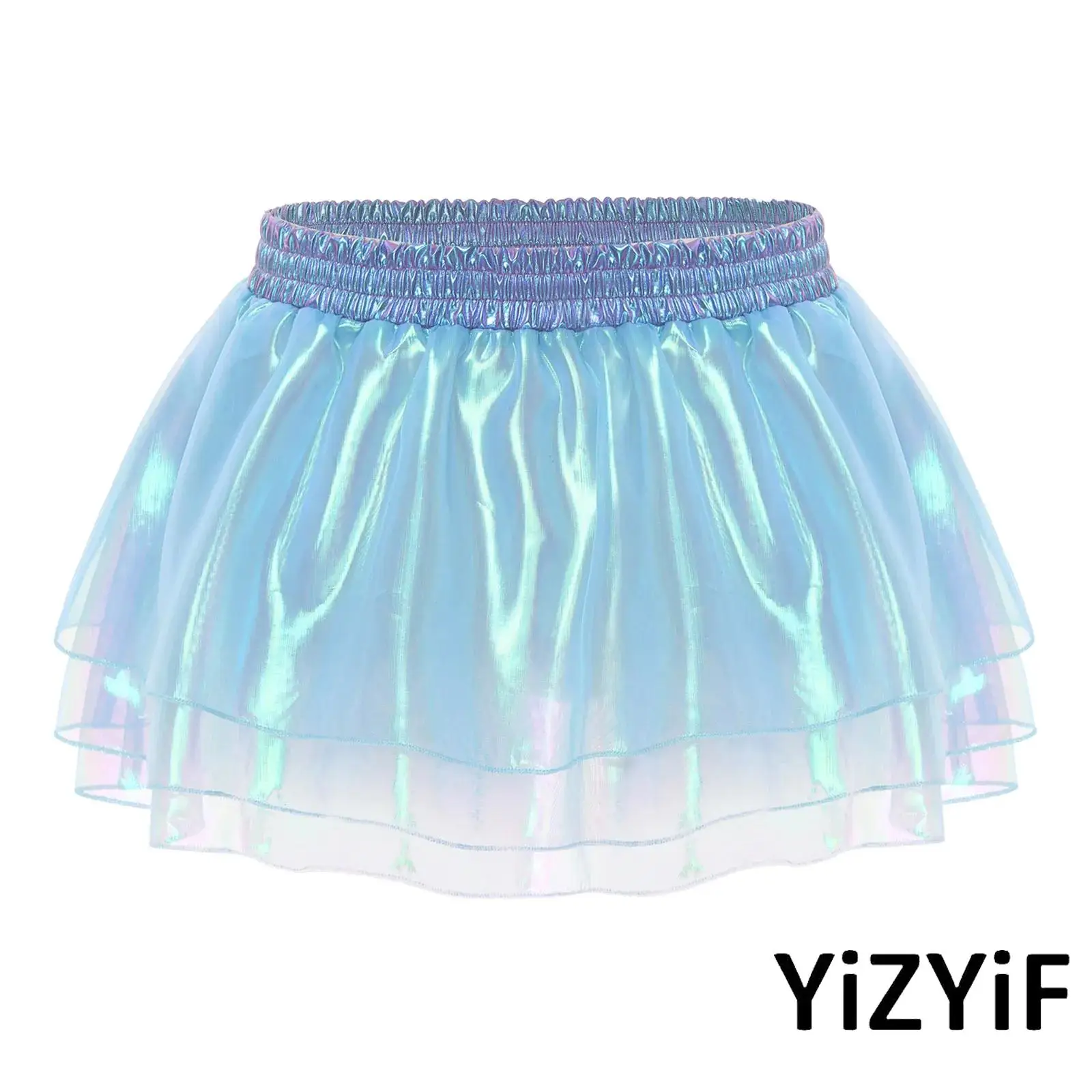 

Women See Through Short Skirt Shiny Tiered A-line Sexy Short Skirt for Holiday Rave Party Bar Night Club Wear Cosplay Costume
