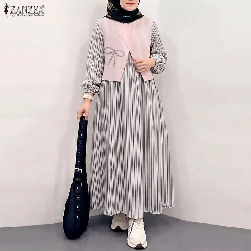 Bescheidenes Damen-Maxikleid mit O-Ausschnitt, langen Ärmeln, gestreift, kontrastfarben, mehrlagig, Abaya-Roben, ZANZEA, muslimische, islamische Hijab-Kleidung