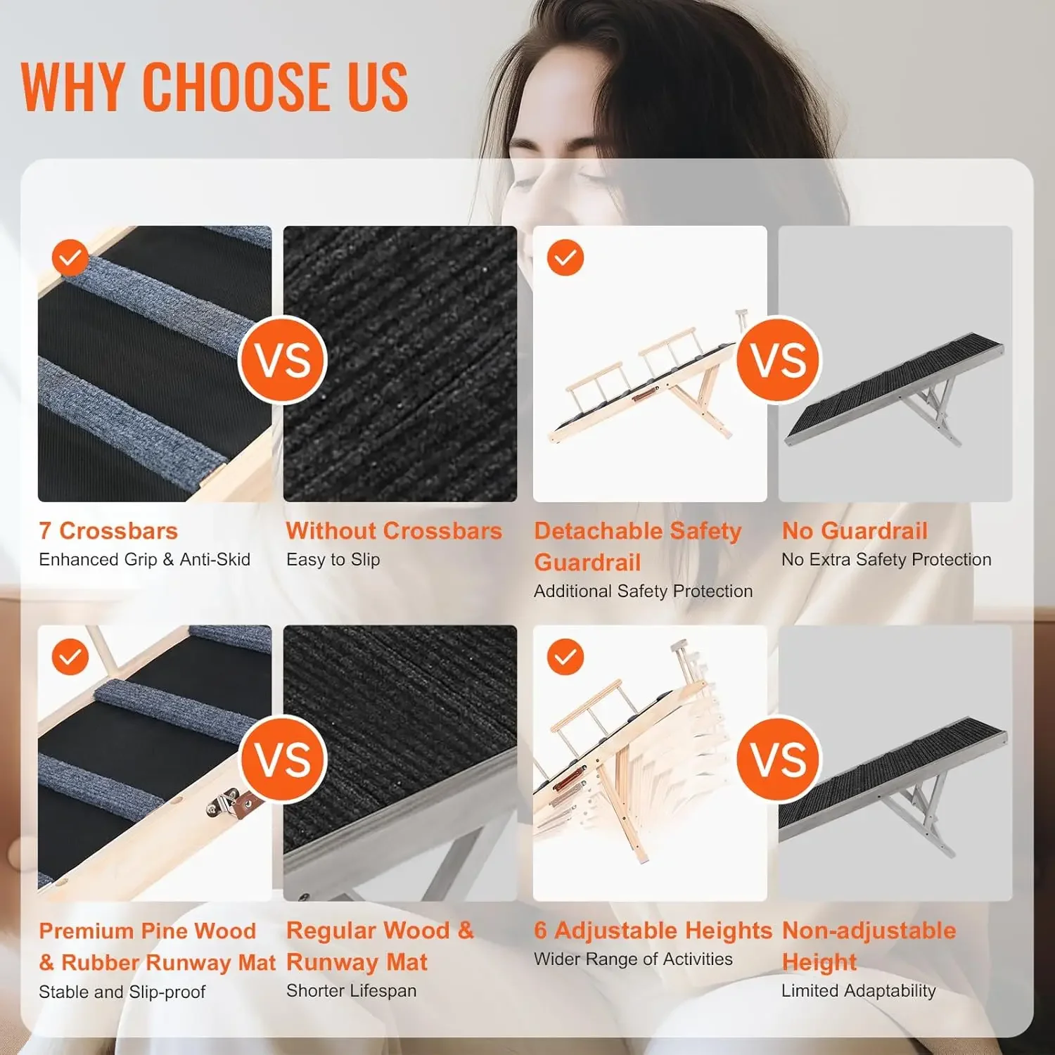 Dog Ramp, Folding Pet Ramp for Bed, Adjustable Dog Ramp for Small, Large, Old Dogs & Cats, Wooden Pet Ramp