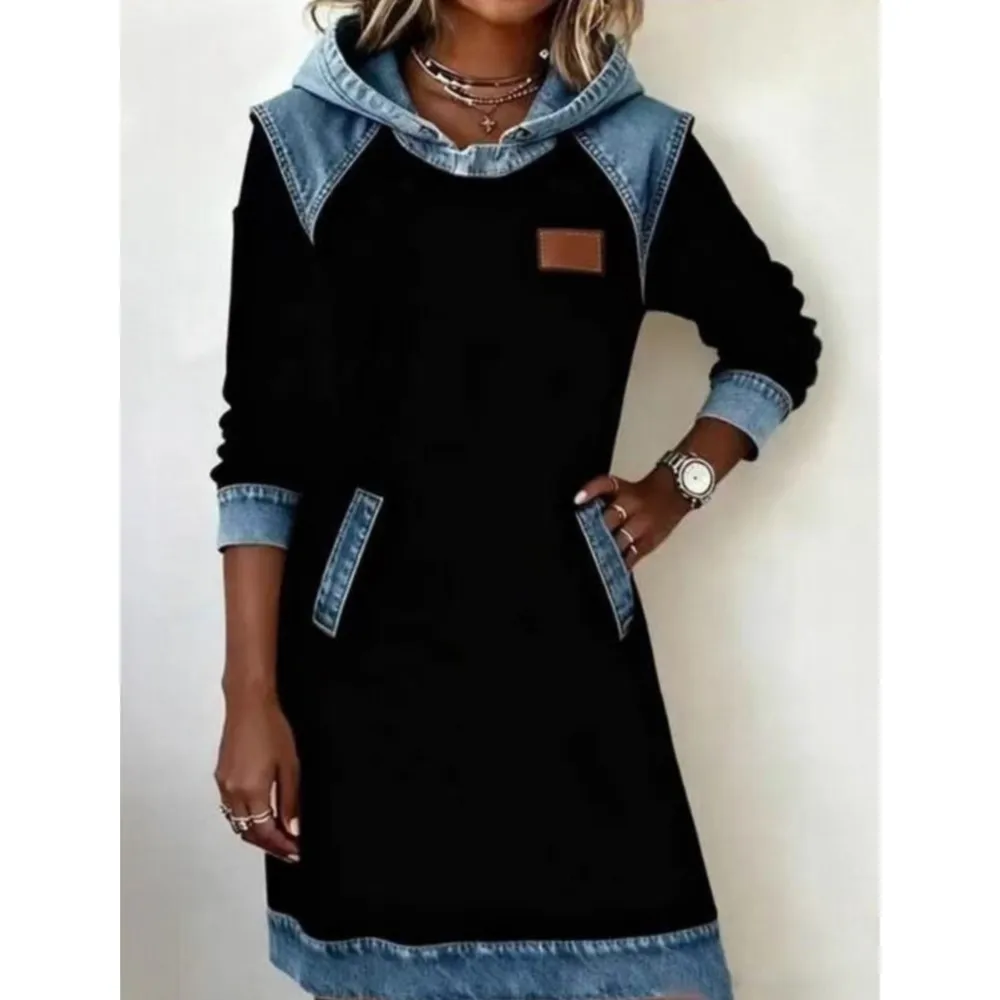 

Denim Color Block Women's Hoodie Contrast Color Hat Pullover Spring Summer Women's Pocket Dress Vestidos Para Mujer Ropa Mujer