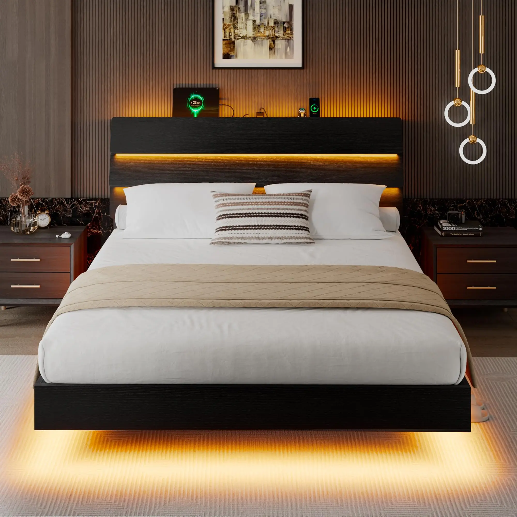 Queen Floating Bed Frame with LED Lights & Charging Station, Platform Bed with Wooden Storage Headboard, Steel Slats