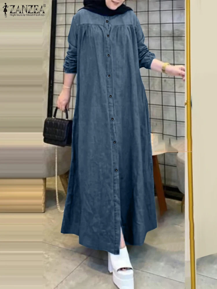 

ZANZEA Long Sleeve Muslim Hijab Abaya Robes O Neck Loose Islamic Women Maxi Dress Button Up Denim-look Casual Long Robes Femme