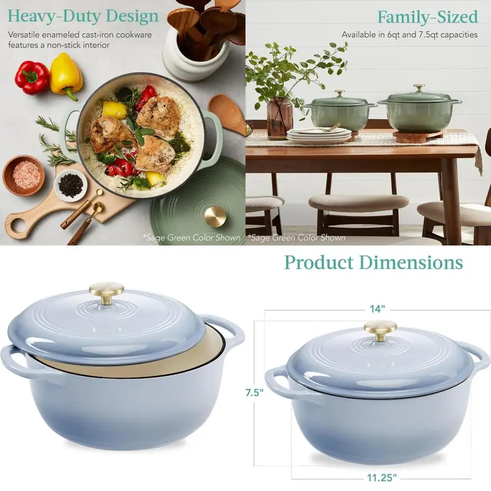 

6-Quart Round Enamel Cast Iron Dutch Oven, Heavy-Duty Pre-Seasoned Cookware for Home & Kitchen, Oven Safe with Lid and Dual Hand
