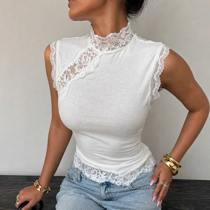 

Tornova Sleeveless Lace Vest Top for Women Turtleneck Fashion Splice Sexy Hollow Tanks Summer Commute Party Female Clothes 2026