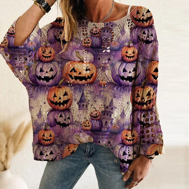 Fashion Halloween Sweater Women Pumpkin And Bat Printed Long Sleeve Loose Knitted Sweaters For Women Casual Jumper Pullover Tops