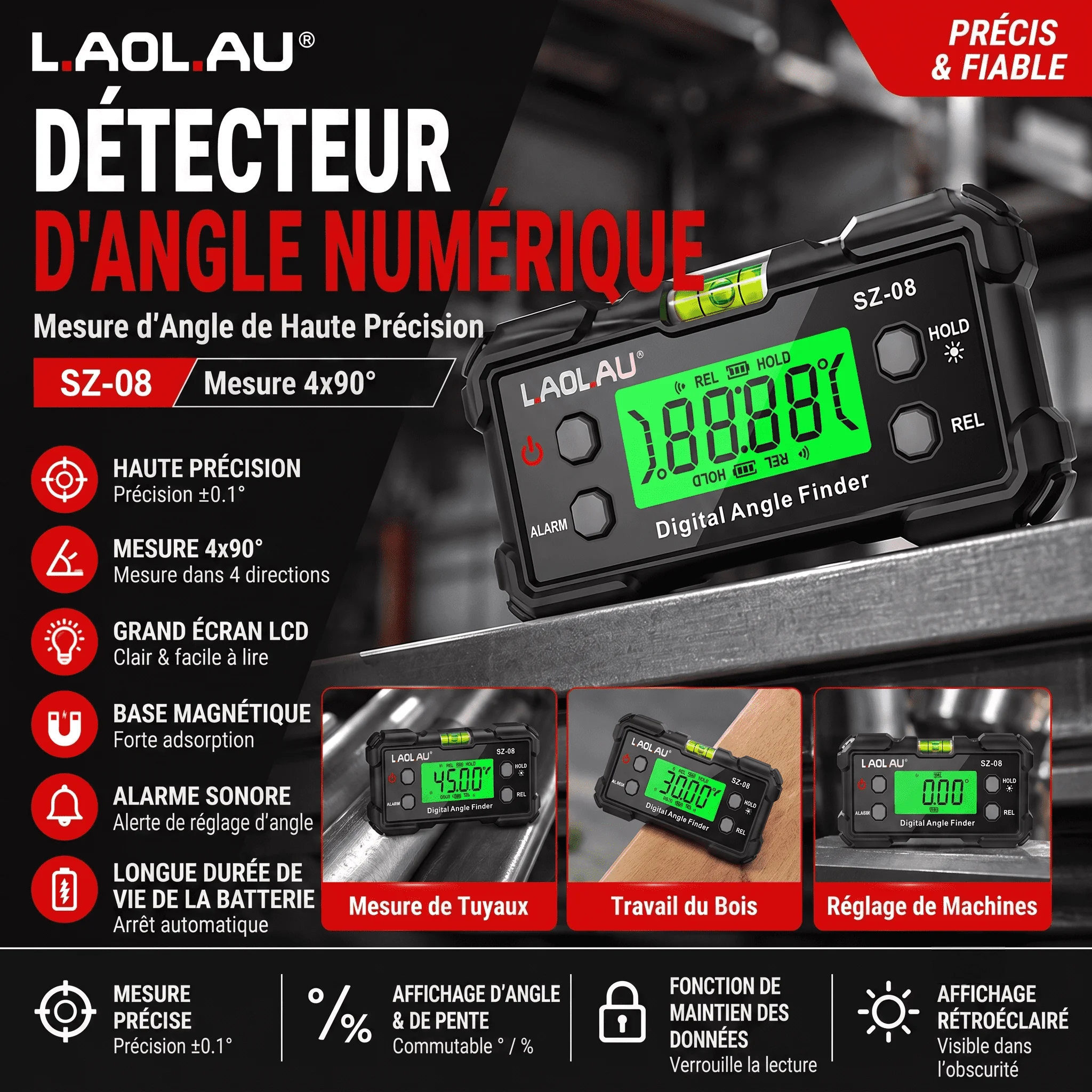 Jauge d'angle numérique avec niveau à bulle, rapporteur électronique magnétique, inclinomètre, goniomètre, détecteur d'angle, boîte de niveau, outils de bricolage