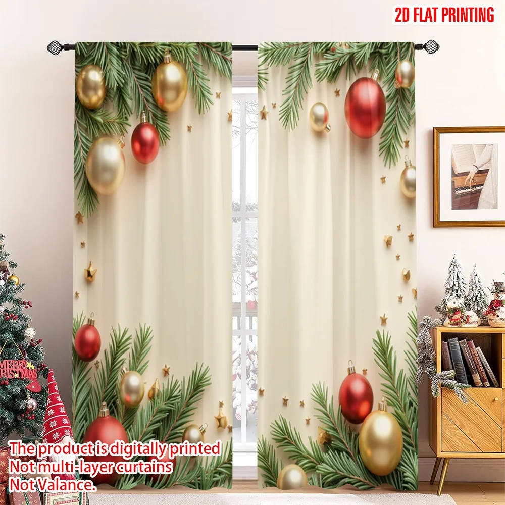 

2pcs 2D flat printing Christmas Curtains Christmas Baubles Stars Greenery Polyester Without Electricity Family Party Perfect for
