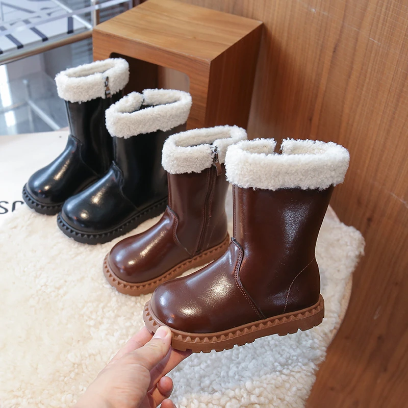 

Winter Plush Boots For Girls PU Leather Faux Fur Teenager Girl's Snow Boots Calf Length Winter Long Boots For Girls Warm Shoes