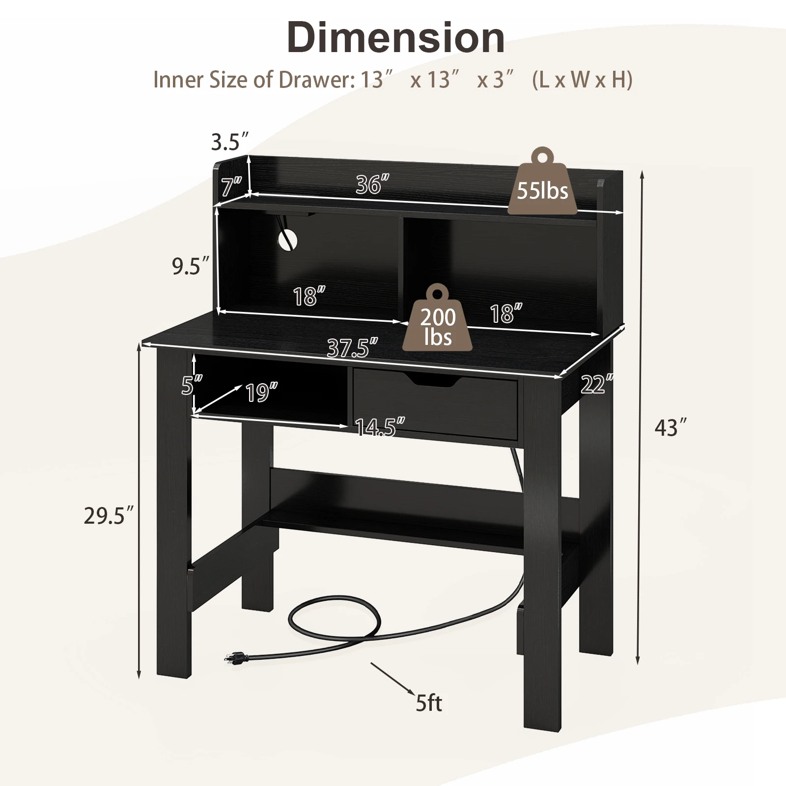 Computer Desk with Power Outlets and USB Ports & Type-C Hutch Open Shelf Drawer