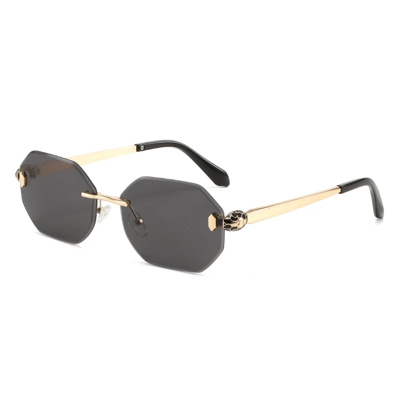Edge-cut multi-sided frameless polygon sunglasses, adorned with exquisite snake-pattern hardware, high-definition shading lenses that block strong light, simple and elegant, perfect for daily wear and beach outings.