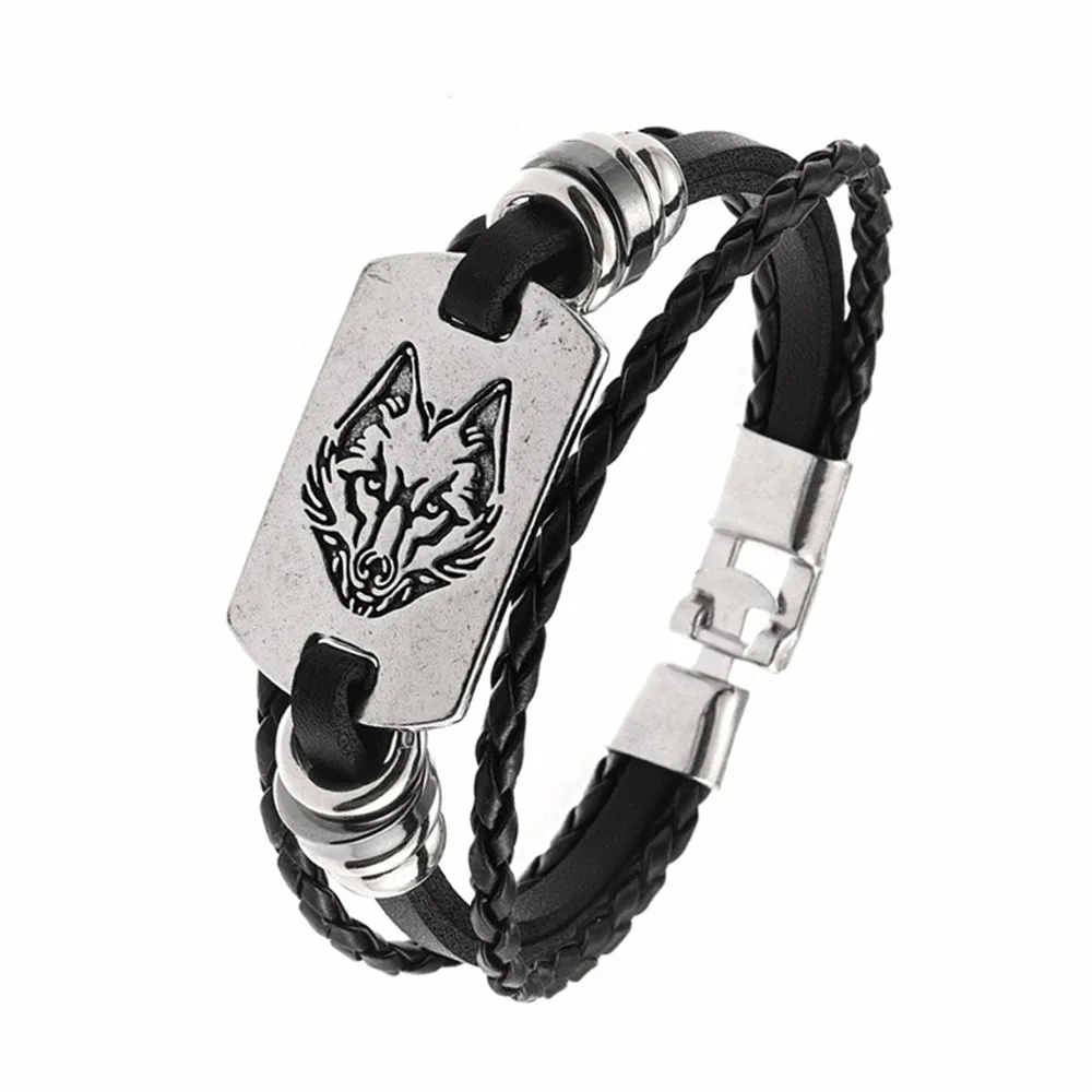 Retro Punk Harajuku Simple Fashionable Individuality Originality Wolf head Alloy Wristband Hand knitting Leather Bracelet