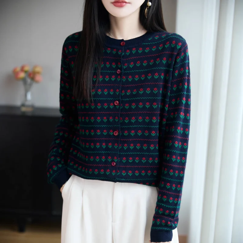 المرأة مكتب تنوعا زهرة صغيرة الصوف سترة أنيقة موضة تريكو ربيع الخريف جديد الحد الأدنى سترة سترة