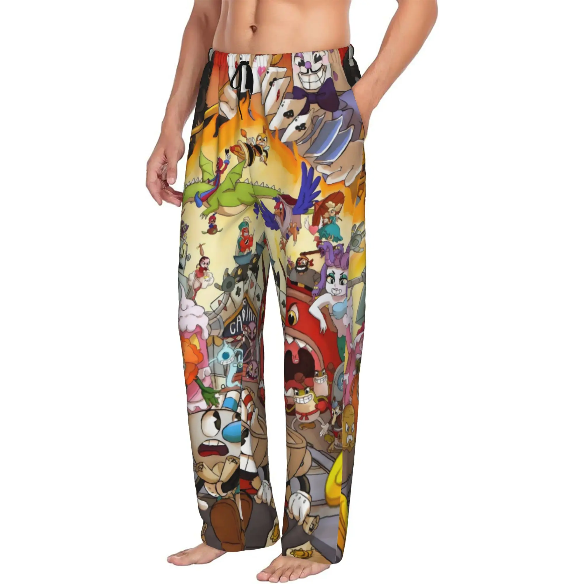 Custom Cupheads Pajama Pants for Men Shooting Game Lounge Sleep Drawstring Sleepwear Bottoms with Pockets