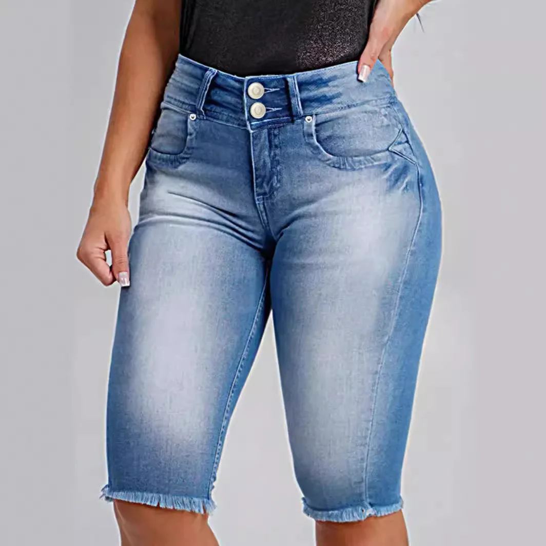 

Women Summer Denim Shorts High Waist Stretch Knee Length Jeans Shorts Ladies Skinny Slim Tassel Short Pants ﻿