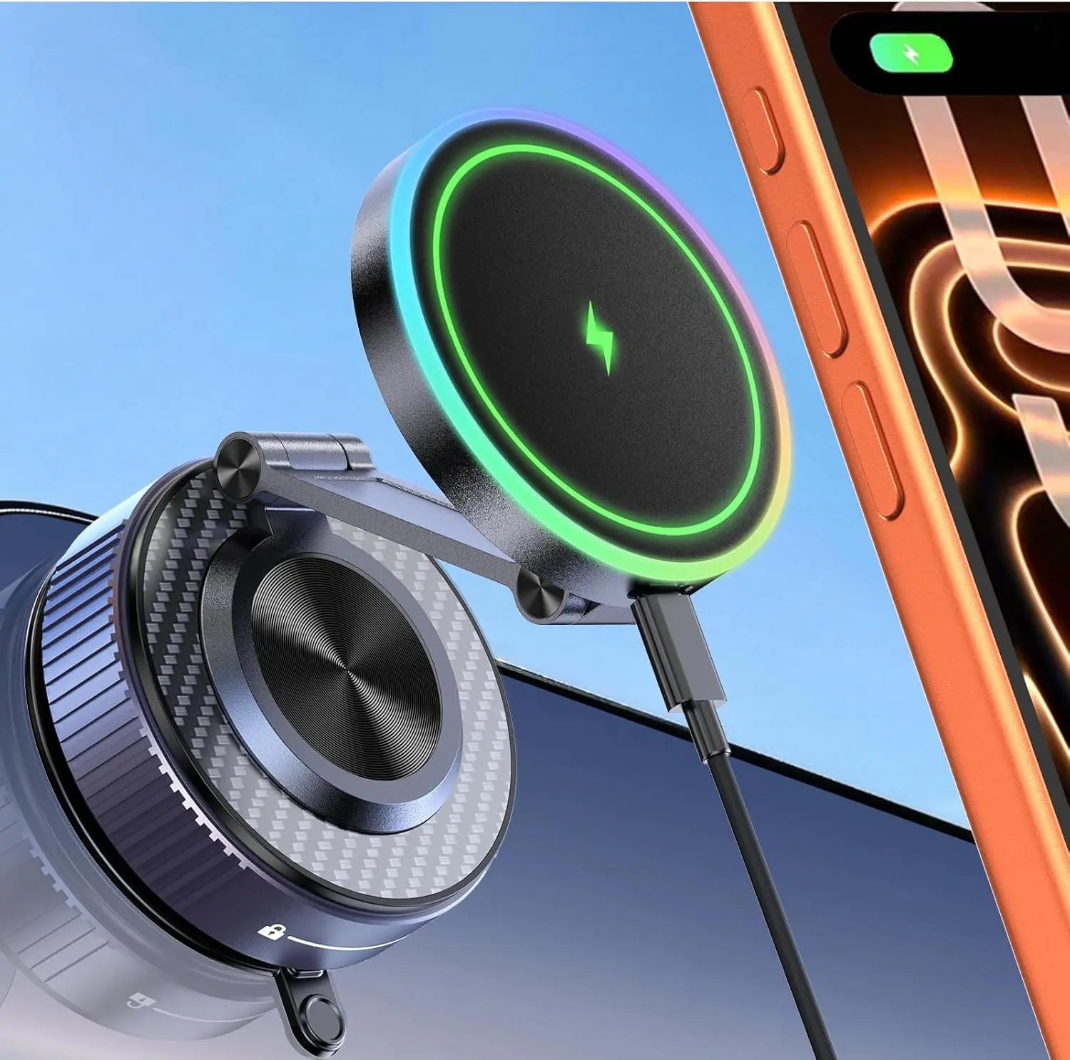 

15W Fast Wireless Car Charger Mount, 105LBS Suction & 3800GF Magnetic, 360° Adjustable Phone Holder for iPhone & Android