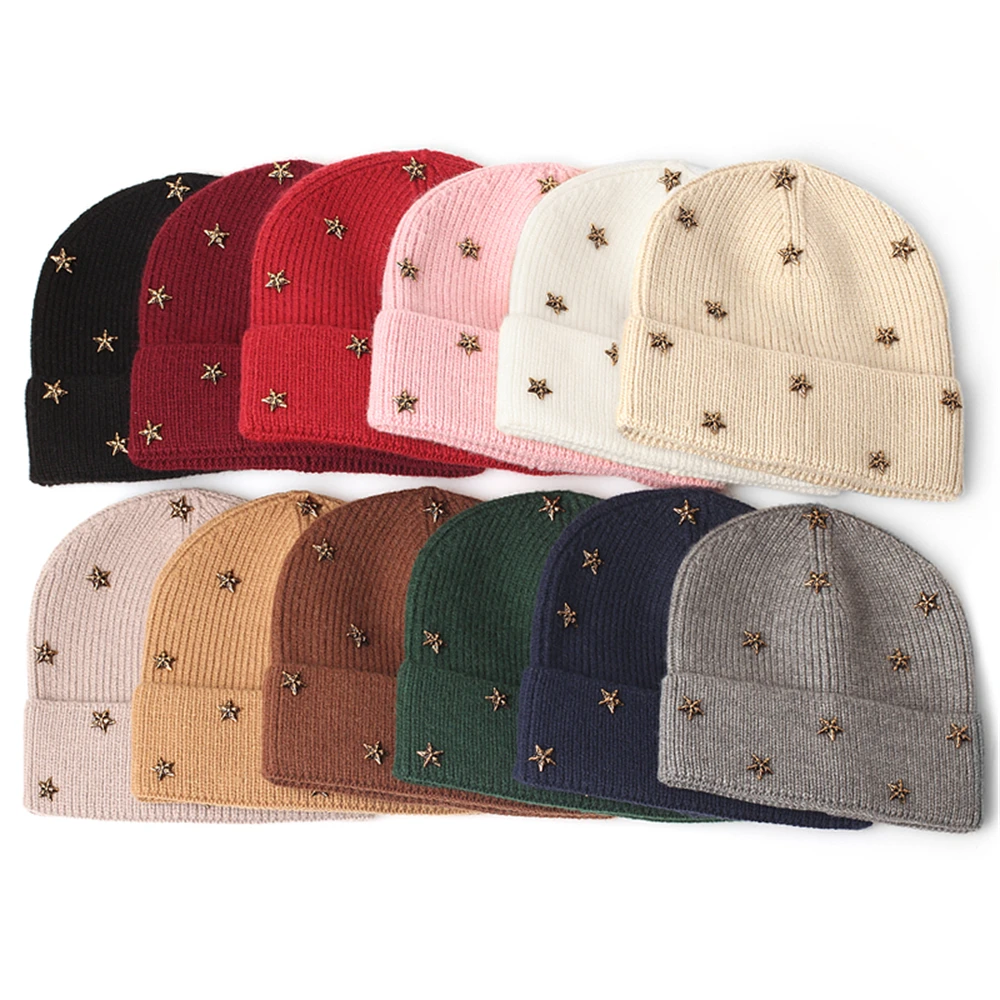 

Warm Pentagram Beanies Cotton Ribbed Hat Women Autumn Winter Knitted Hats Ladies Stretch Slouchy Striped Baggy Skullies Cap