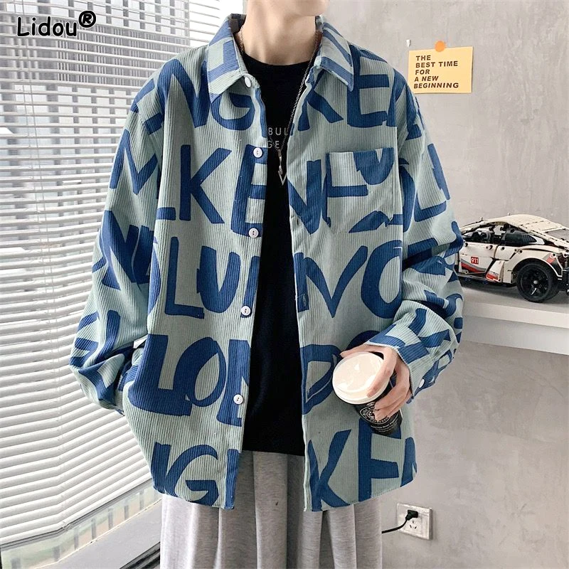 

Tops Turn-down Collar Shirts Thin Man Spring Summer Loose Printing Short Sleeve Letter Fashion Casual Young Style Men's Clothing