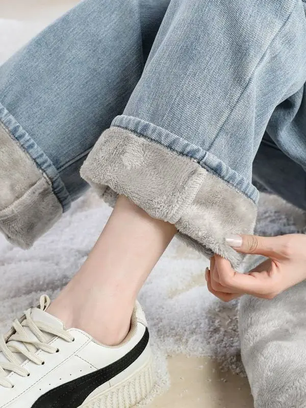 Thickened Fleece Wide Leg Jeans Loose High Waist Denim Pants for Junior And High School Students Autumn Winter Casual Style