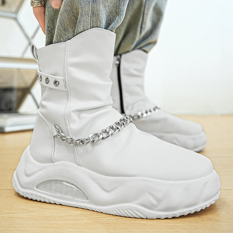 Fashionable White Boots Men Designer Chain High Boots Men Slip-On Leather Streetwear Boots Casual Platform Footwear Botas Hombre