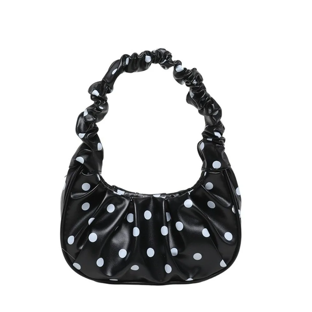 New PU Leather Polka Dot Handbag Short Handle Glossy Finish Ruched Purse Cloud Shape Ruched Underarm Bag Casual Outings