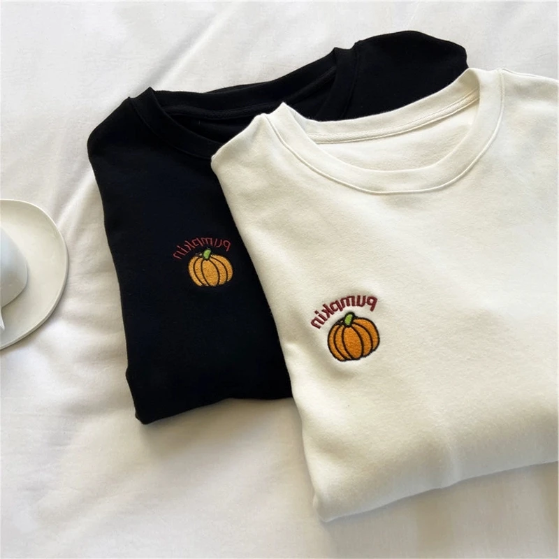 autumn winter velvet O-neck Embroidery Long Sleeve T Shirt for Women Harajuku Casual loose Thick warm bottoming T-shirt Female