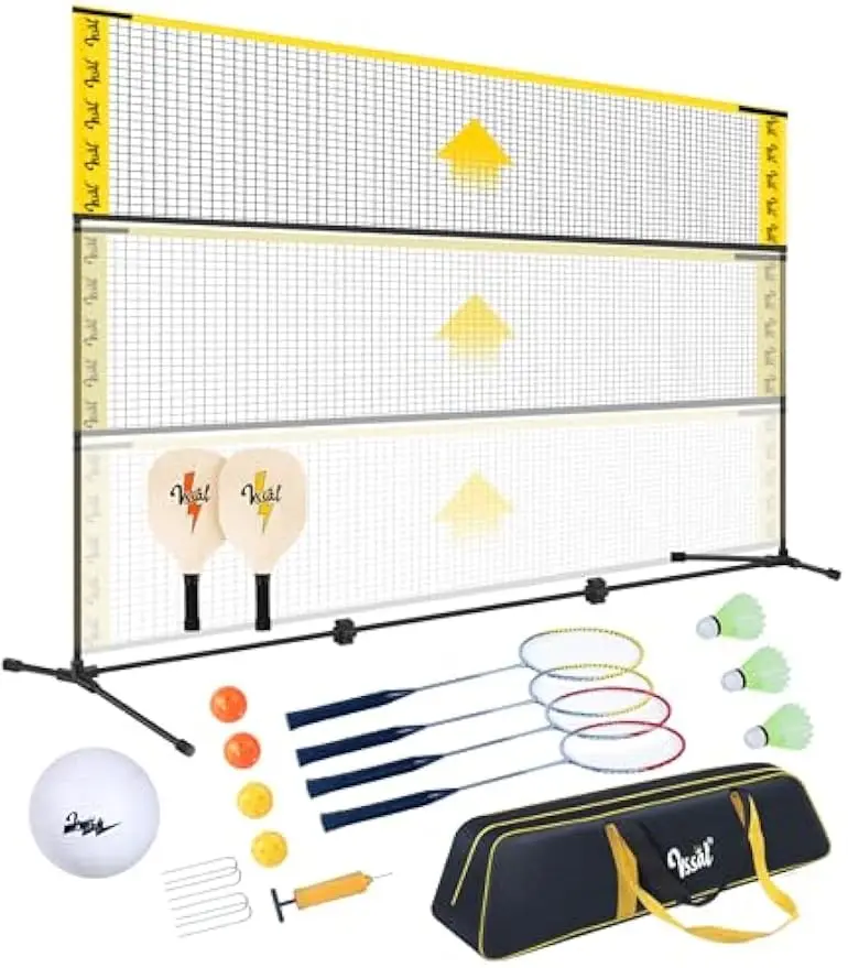 

3-in-1 Portable Badminton, Volleyball & Pickleball Net Set, Adjustable Height for Backyards or Beach with Carry Bag