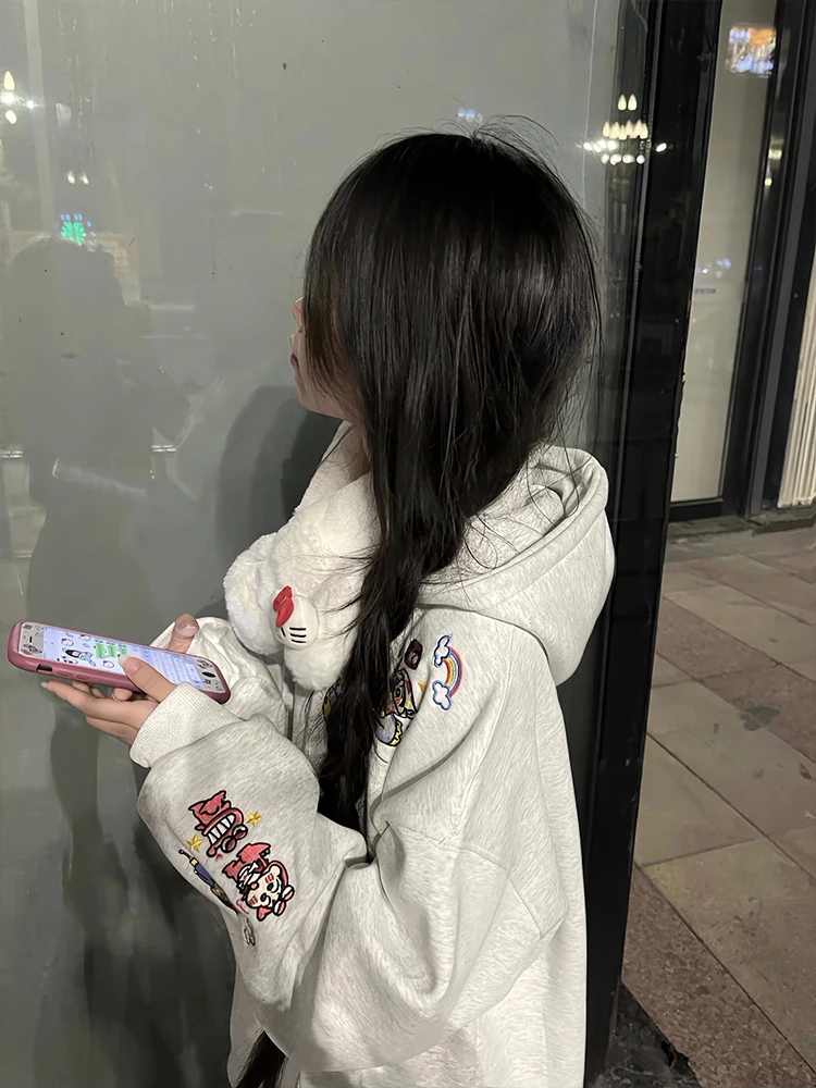 

Милая толстовка с вышивкой для женщин, осенне-зимняя, утепленная, свободного кроя, универсальная верхняя одежда для девушек